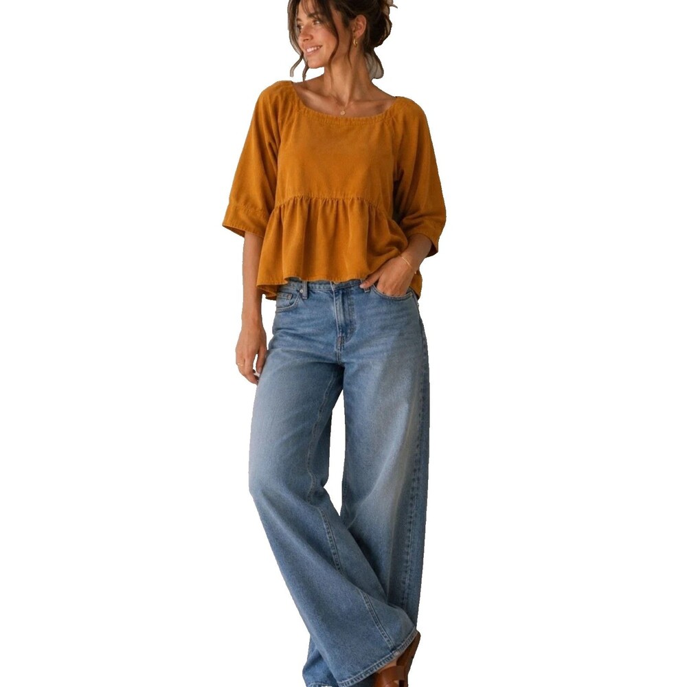 Maeve Anthropologie Maria Corduroy Peplum Top XS Mustard Babydoll Button Back